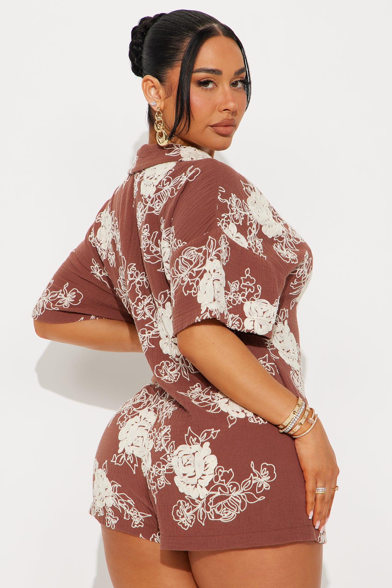 Emilia Embroidered Romper - Brown/combo Product Image