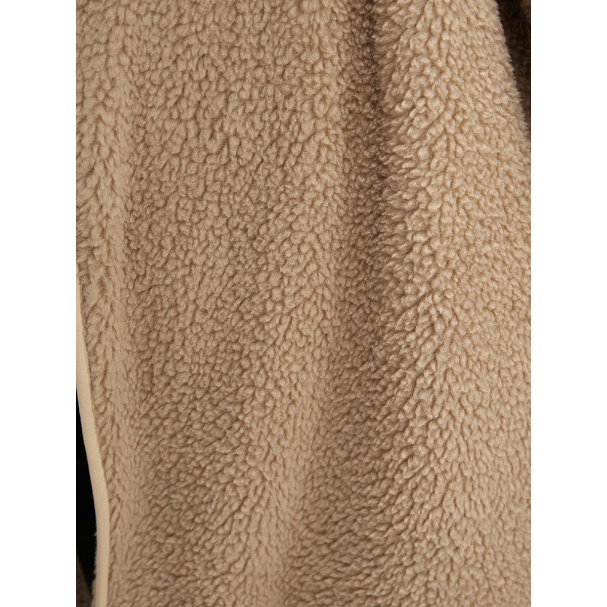 Plus Size Solid Pocket Open Front Teddy Coat Women LightBrown Casual Plain Loose Ladies Dailywear Winter Coats BloomChic 14-16/1X Product Image