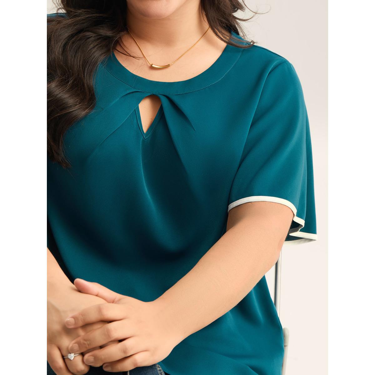 Plus Size Aegean Flared Sleeve Keyhole Solid Blouse Women Short sleeve Round Neck Work Blouses BloomChic 22-24/3X Product Image