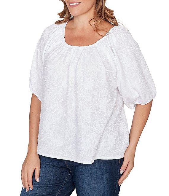 Ruby Rd. Plus Size Textured Jacquard Floral Scoop Neck Elbow Sleeve Top Product Image