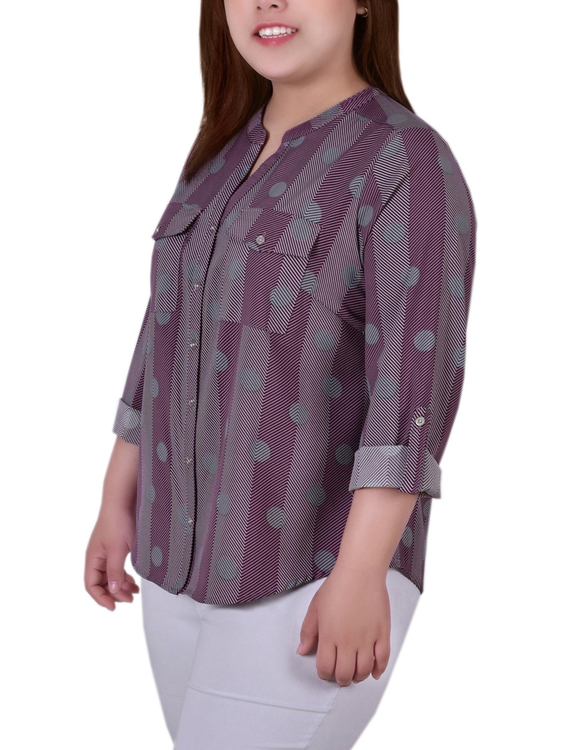 Pink 3/4 Roll Tab Sleeve Mandarin Collar Blouse - Plus Size Product Image