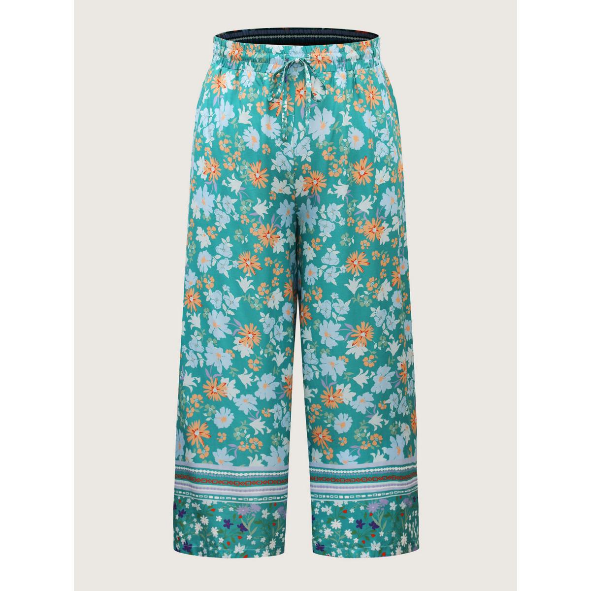 Plus Size Breezy Floral Print Wide-Leg Pants Women Turquoise Elegant Wide Leg Mid Rise Everyday-Elegant Pants BloomChic 28/5X Product Image