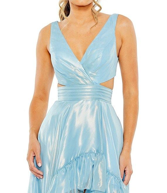 Mac Duggal Organza V-Neck Sleeveless Side Cutout Ruffle High Low Back Tie Gown Product Image