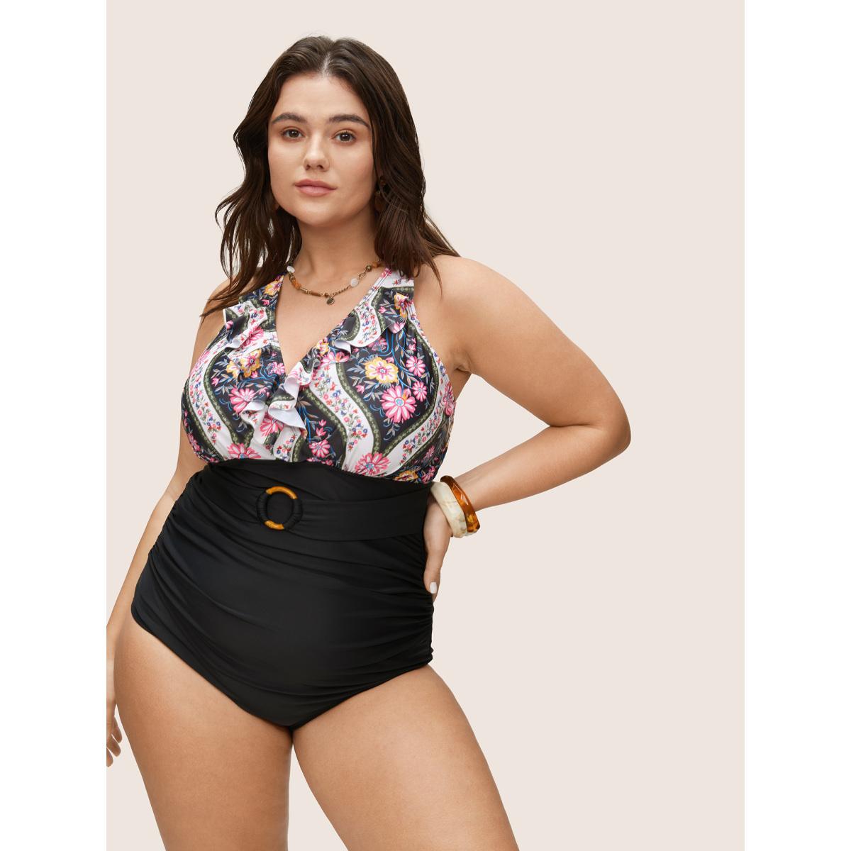Plus Size Floral Flutters Buckle Detail One Piece Swimsuit Women's Swimwear Black Beach Non Curve Bathing Suits High stretch One Pieces BloomChic 22-24/3X Product Image