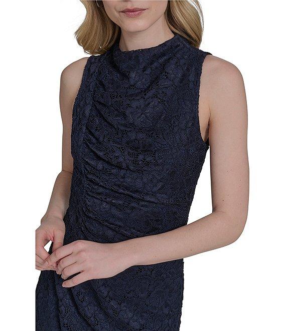 Vince Camuto Mock Neck Sleeveless Shirred Lace Bodycon Midi Dress Product Image