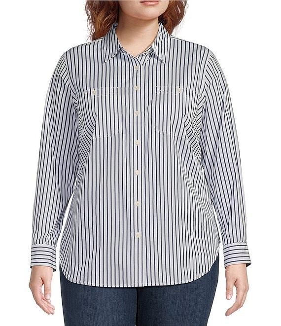 Lauren Ralph Lauren Plus Size Long Roll-Tab Sleeve Striped Button Front Cotton Shirt Product Image