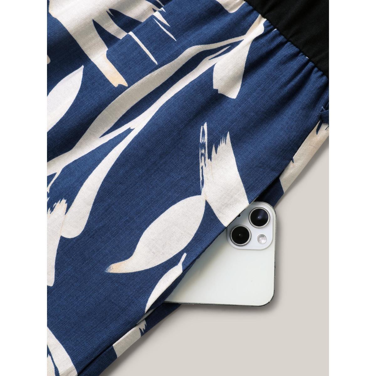 Plus Size Black Feather Print Contrast Pockets Belted Jumpsuit Women Short sleeve Round Neck Work Loose Jumpsuits BloomChic 14-16/1X Product Image