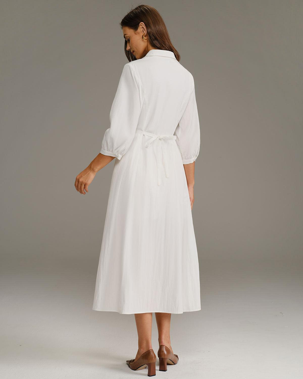 White A-Line Button Midi Dress Product Image