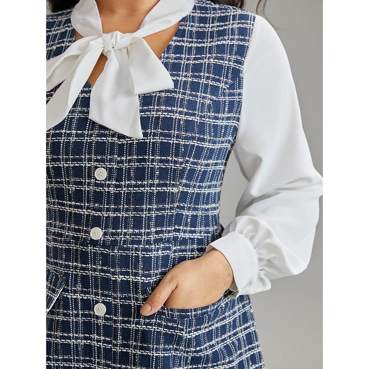Plus Size Plaid Patchwork Pocket Button Detail Ties Dress DarkBlue Women Elegant Cross straps Tie Neck Long Sleeve Curvy Midi Dress BloomChic 22-24/3X Product Image