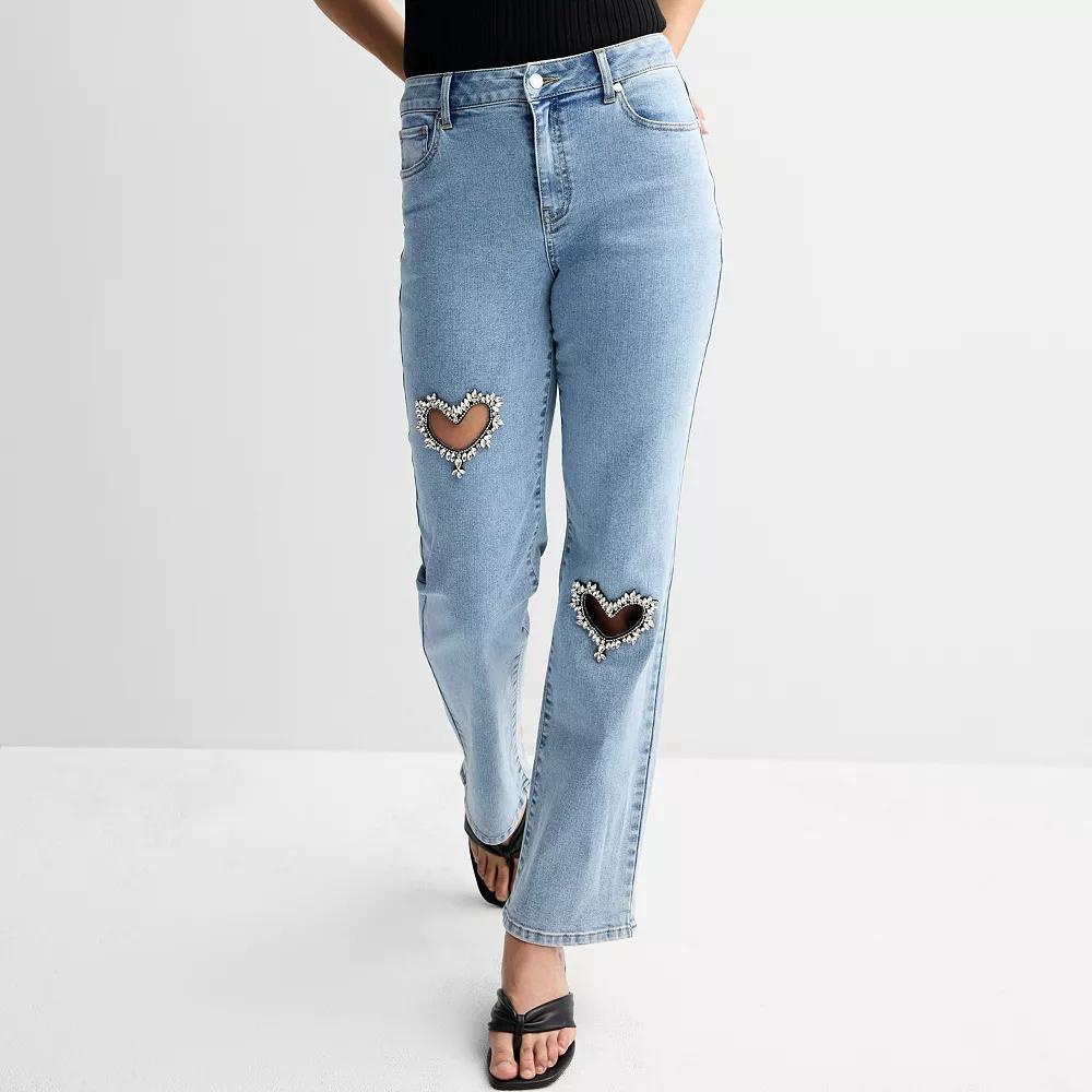 Women's Thalia Sodi Rhinestone Heart Cut-Out Denim Jeans, Size: 10, Blue Product Image