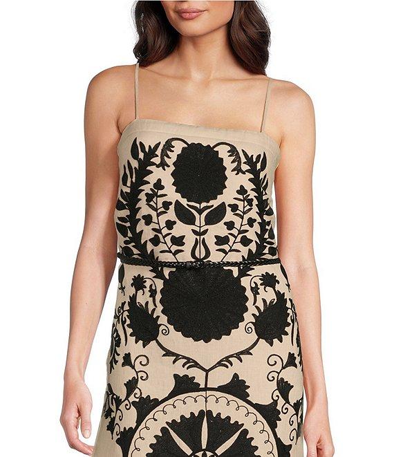 Le' AL.X Linen Embroidered Square Neck Sleeveless Spaghetti Strap Braided Belt Column Side Slit Maxi Coordinating Dress Product Image