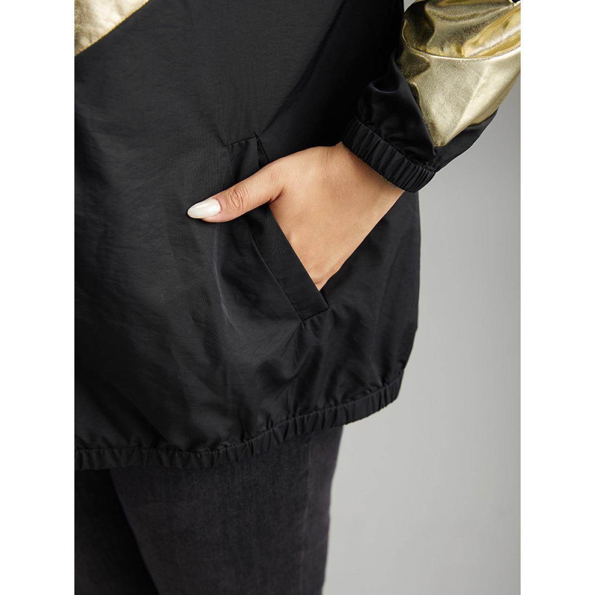 Plus Size Geometric Patchwork Contrast Zipper Jacket Women Black Elastic cuffs Pocket Dailywear Jackets BloomChic 18-20/2X Product Image