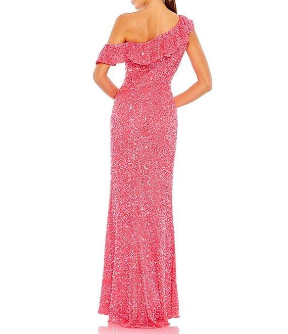 Mac Duggal Sequin Asymmetrical Ruffle Neck Short Sleeve Gown Product Image