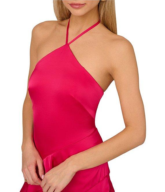 Adrianna by Adrianna Papell Satin Halter Neck Sleeveless Ruffle Maxi Gown Product Image