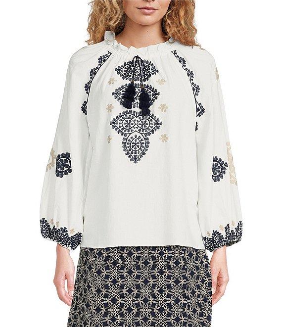 tyler boe Mackie Woven Embroidered Round Ruffle Neck Bracelet Sleeves Top Product Image