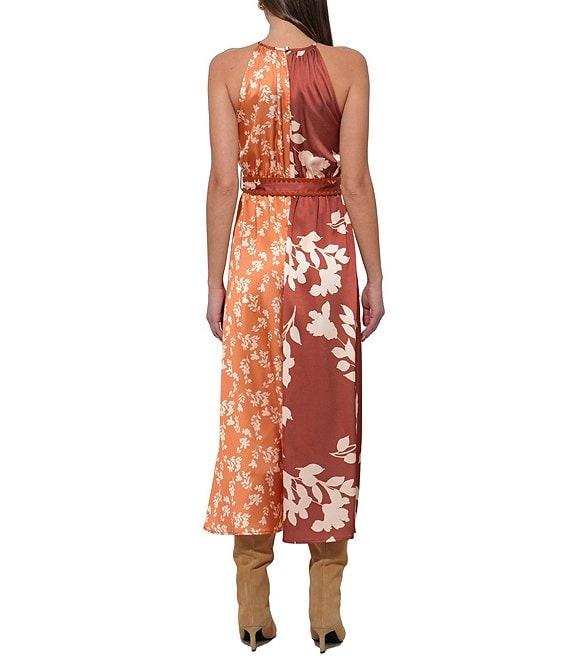 Adelyn Rae Sandi Two Tone Floral Halter Wrap Front Tie Midi Dress Product Image