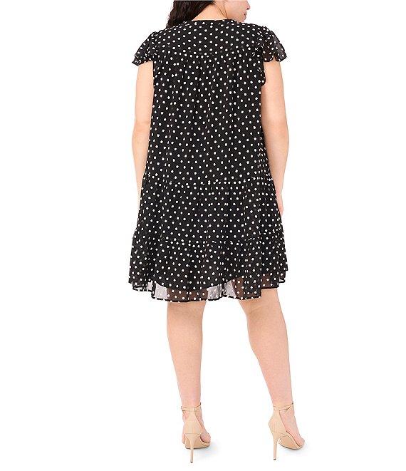 CeCe Plus Size Woven Floral Print Split Round Neckline Short Flutter Sleeve Tiered Dress Product Image