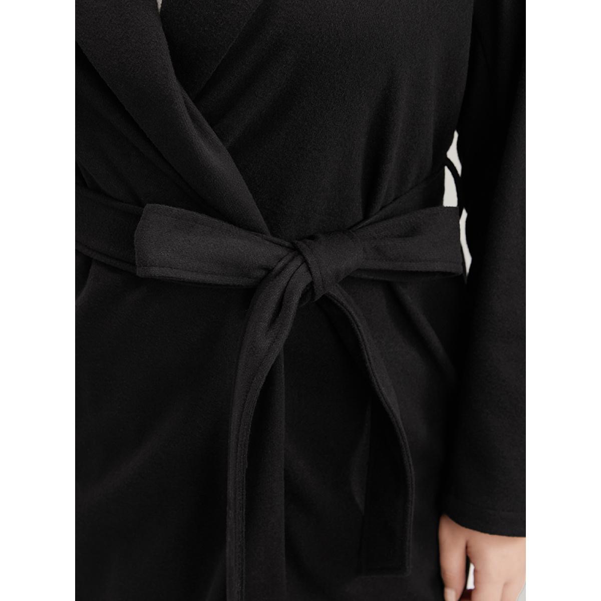 Plus Size Solid Open Front Belted Asymmetrical Hem Blazer Black Women Work Plain Belted Sleeve Long Sleeve Suit Collar 22-24/3X Pocket Belt Casual Blazers BloomChic Product Image