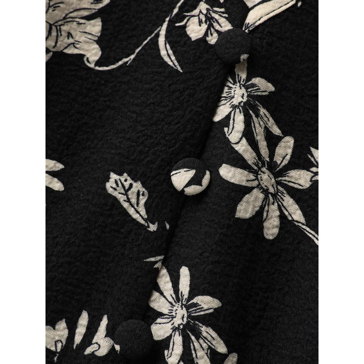 Plus Size Silhouette Floral Pleated Waist V-Neck Midi Dress Black Women Tucked seam V-neck Short sleeve Curvy BloomChic 22-24/3X Product Image