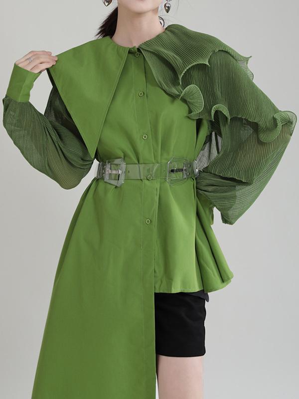 Long Sleeves Loose Asymmetric Pleated Solid Color Split-Joint Falbala Lapel Blouses&Shirts Tops Product Image