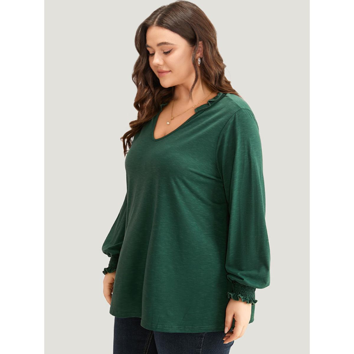 Plus Size Solid Frill Trim Shirred T-shirt DarkGreen Women Elegant Elastic cuffs Plain V-neck Dailywear T-shirts BloomChic 14-16/1X Product Image