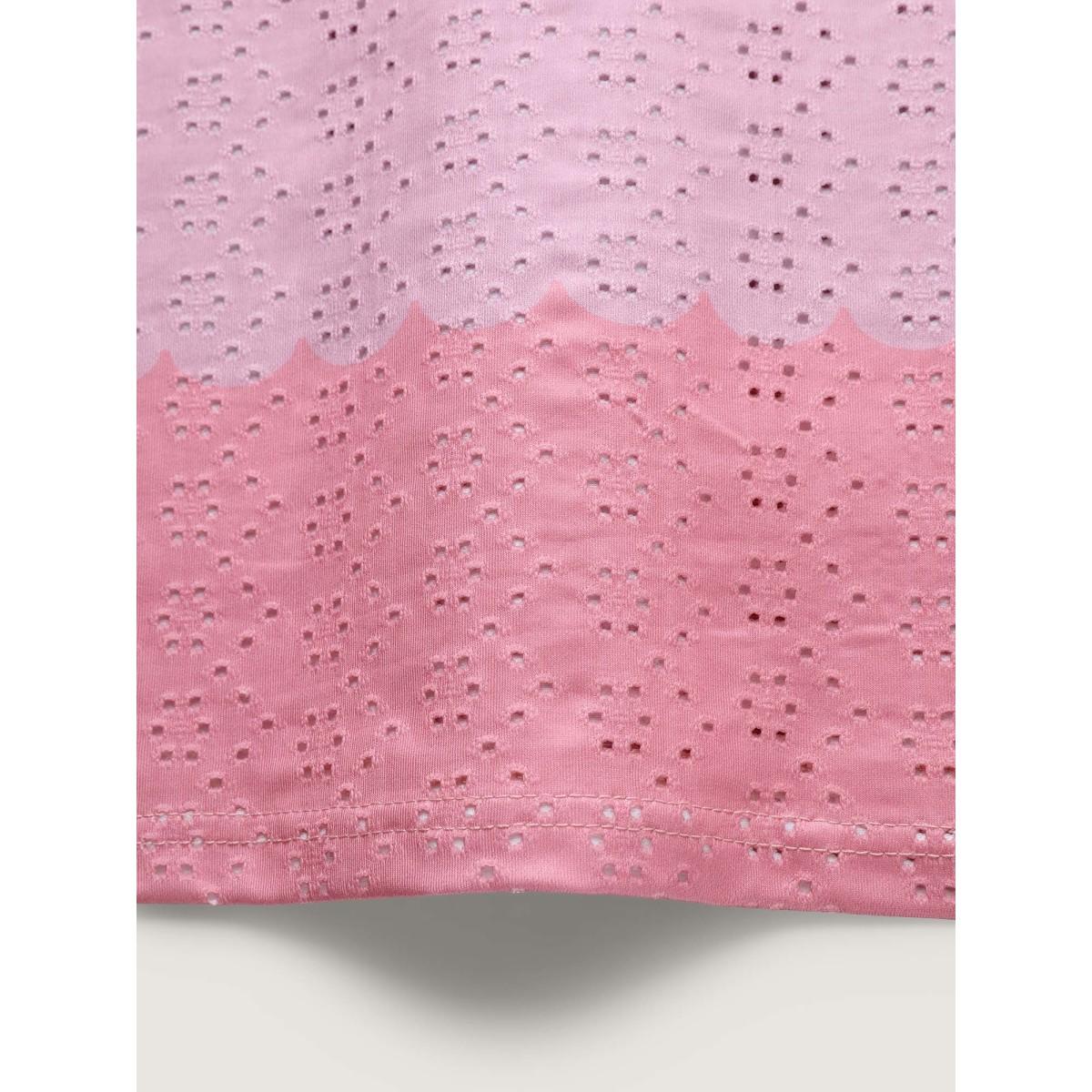 Plus Size Eyelet Trim Color Block Stretchy T-Shirt WhiteSmoke Women Playful Petal edge Round Neck Casual T-shirts BloomChic 18-20/2X Product Image