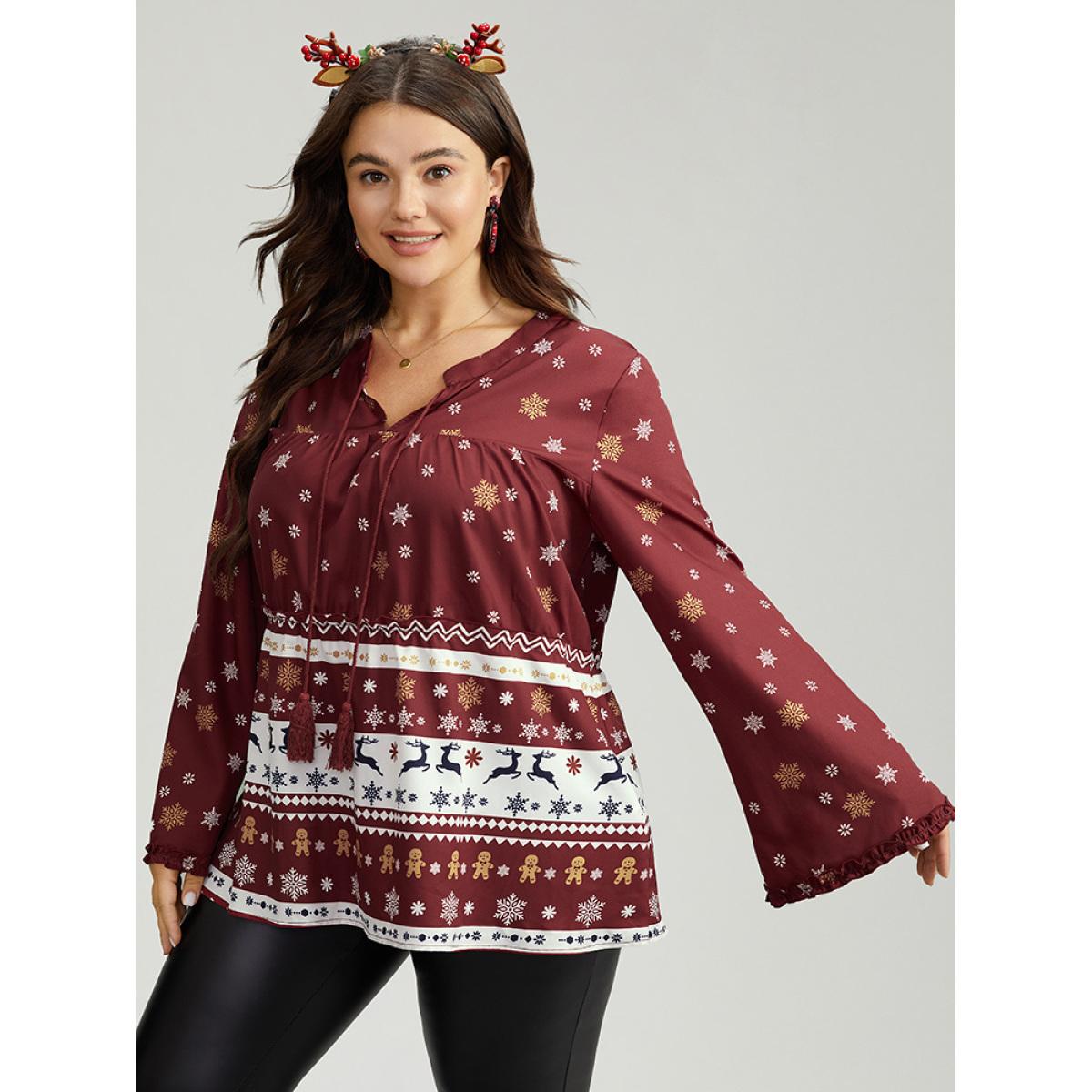 Plus Size Scarlet Christmas Print Tassels Ties Blouse Women Elegant Long Sleeve Tie Neck Festival-Christmas Blouses BloomChic 14-16/1X Product Image