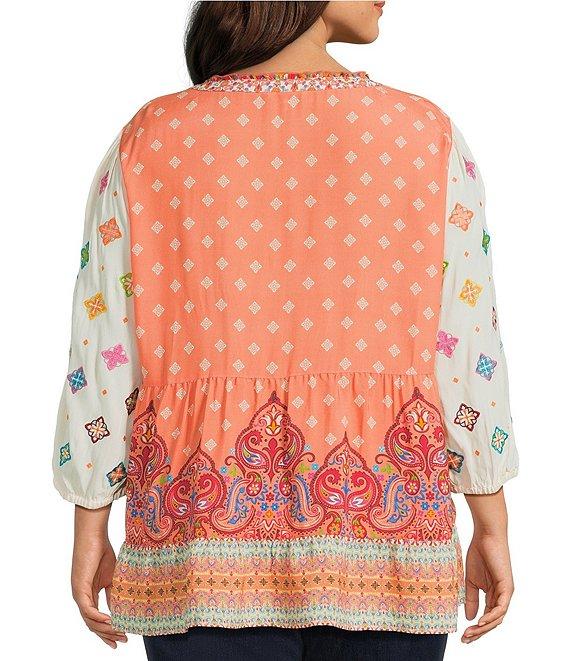 John Mark Plus Size Embroidered Mix Printed Split V-Neck 3/4 Bubble Sleeve Tunic Product Image