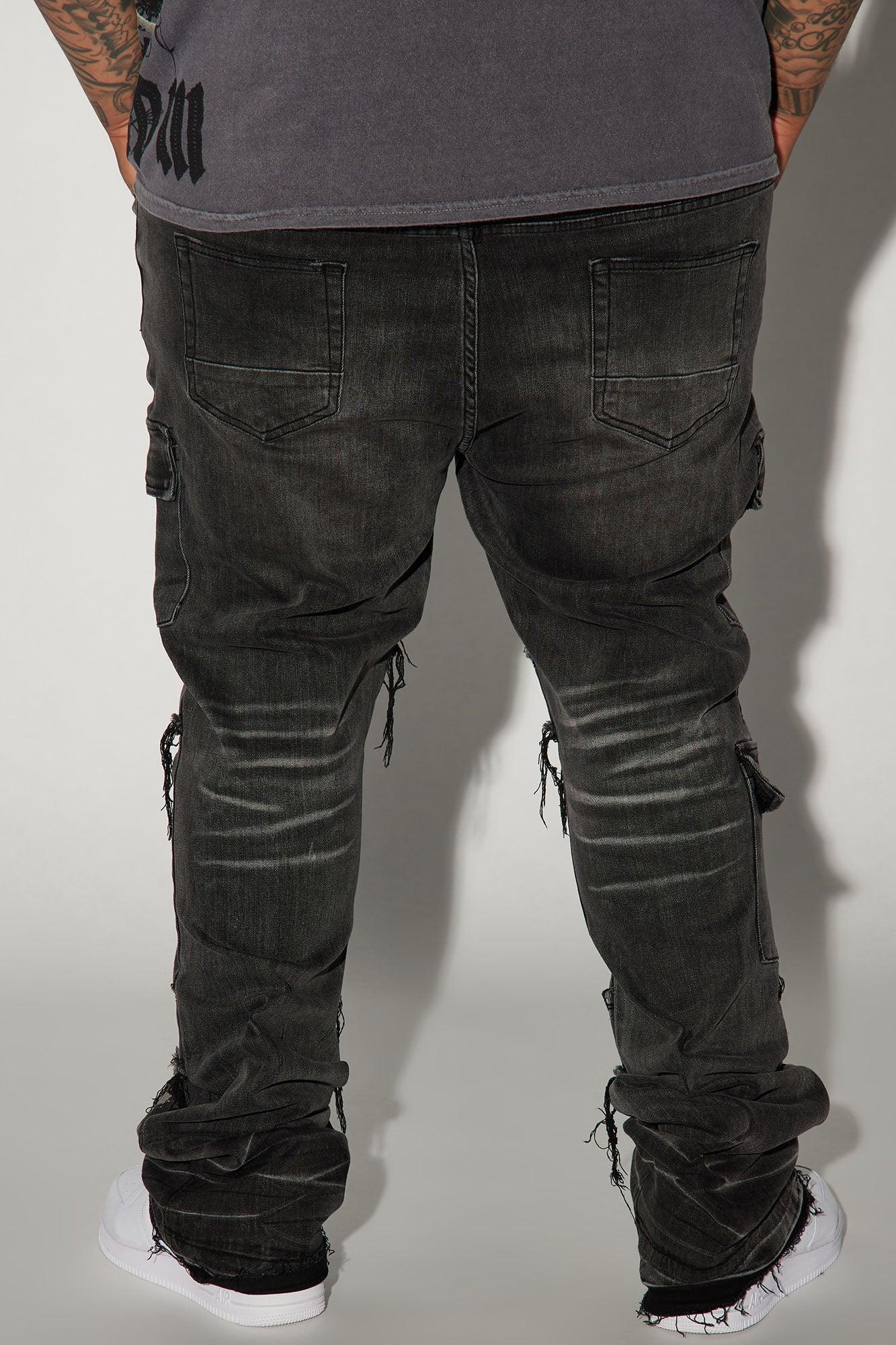 Side Snap Cargo Stacked Skinny Flare Jeans - Black Wash Product Image