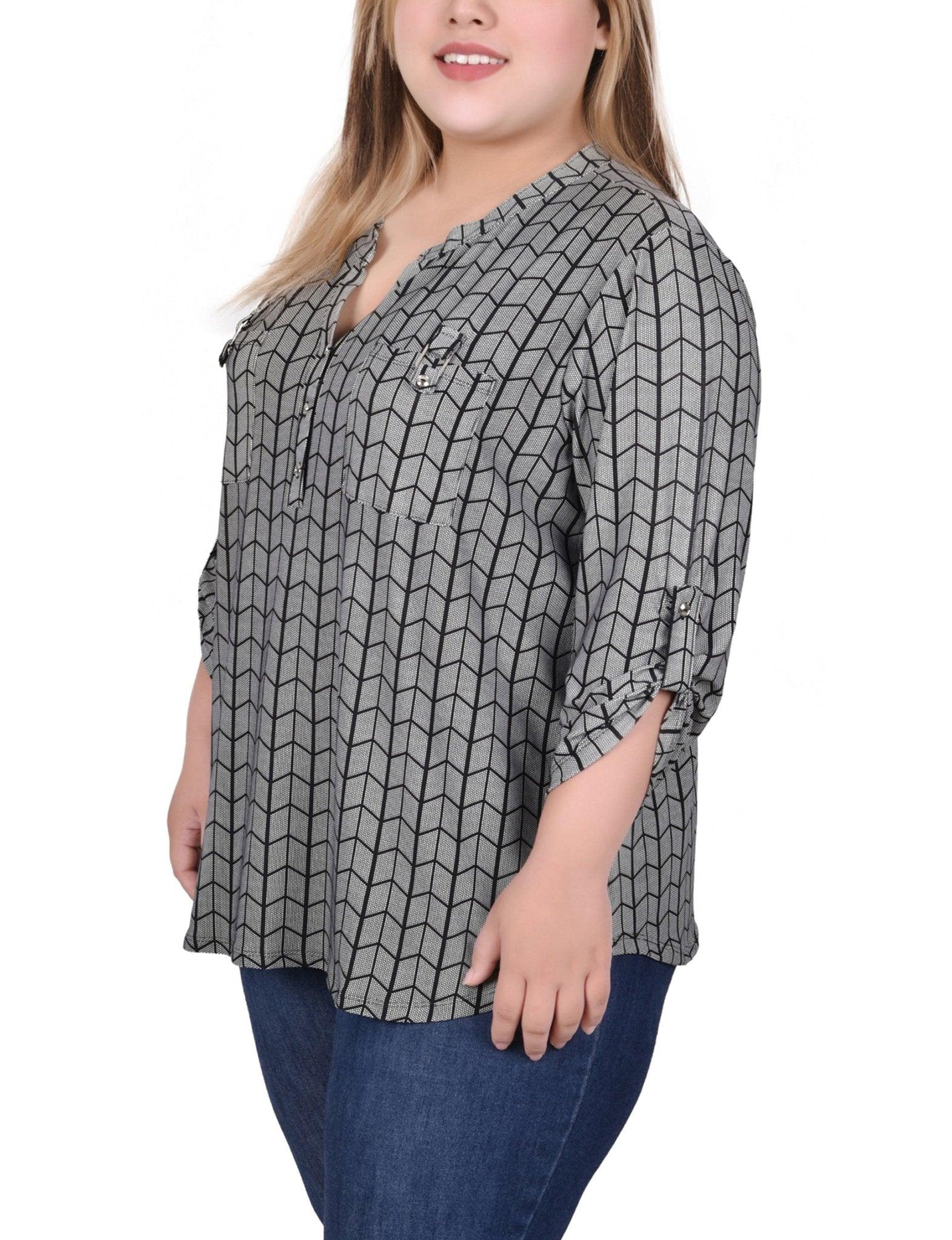 Blk Wht Diagonal Stripe Dot Long Tab-Sleeve Top With Pockets - Plus Product Image
