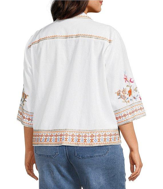 John Mark Plus Size Embroidered Floral Point Collar Short Sleeve Button-Front Blouse Product Image