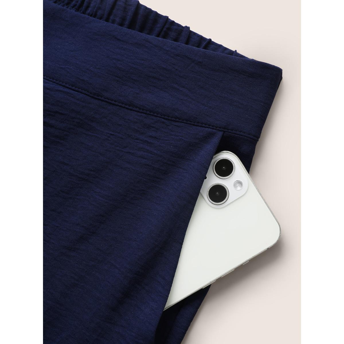 Plus Size Solid Button Up Gathered Wide Leg Pants Women Indigo Elegant Wide Leg Mid Rise Everyday Pants BloomChic 18-20/2X Product Image