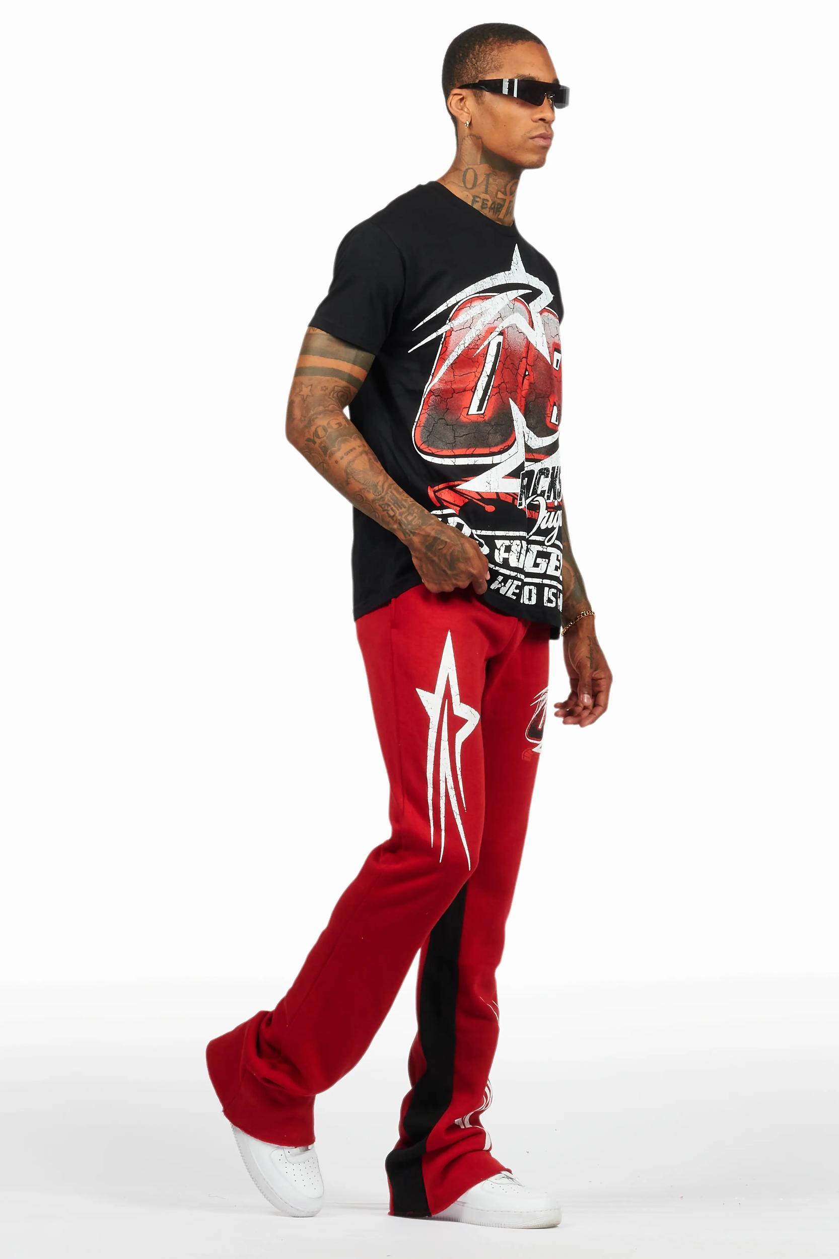 Kastell Black/Burgundy T-Shirt/Stacked Baggy Track Pant Set Male Product Image