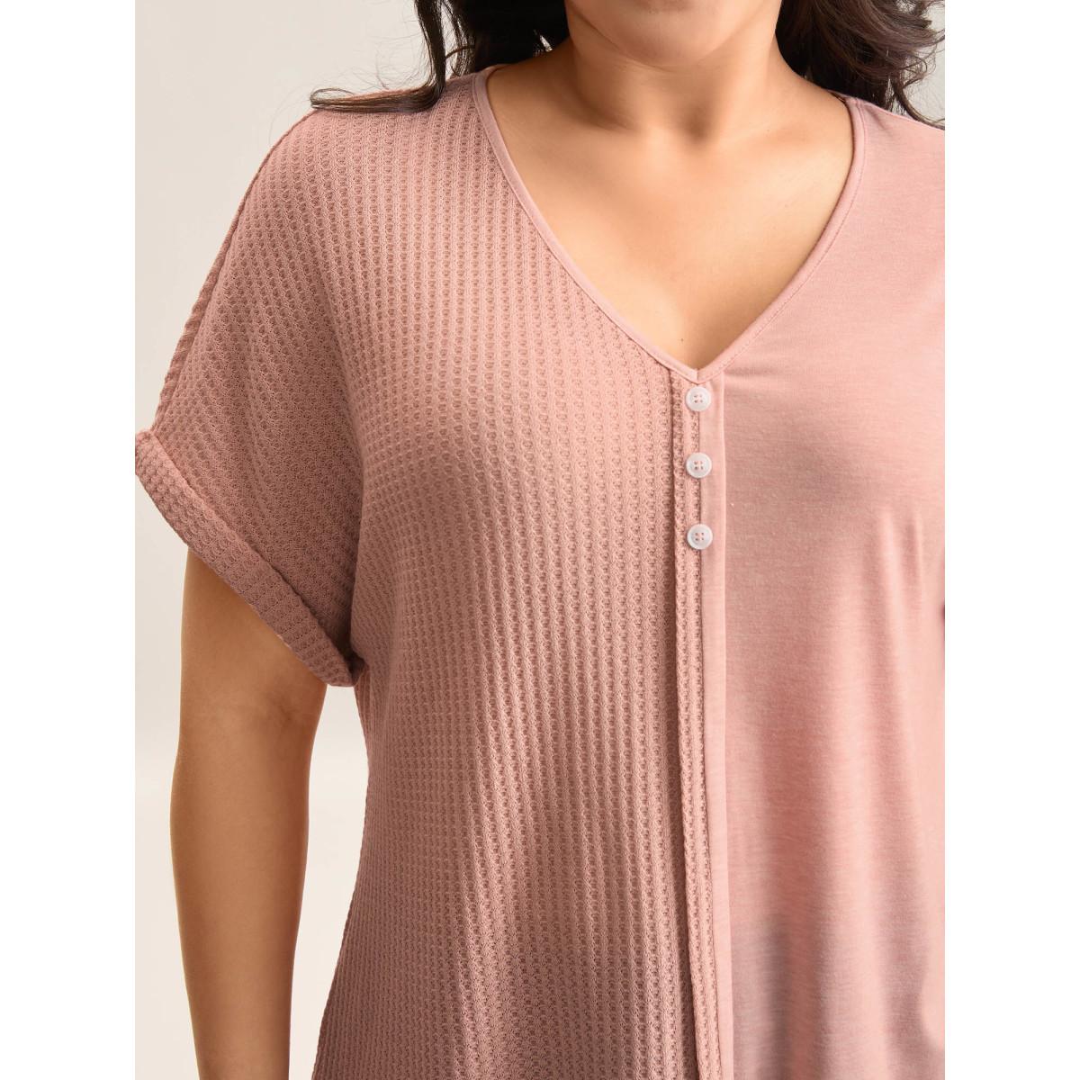 Plus Size Textured Button Detail Spliced T-Shirt Nudepink Women Texture V-neck Everyday-Casual T-shirts BloomChic 12/L Product Image