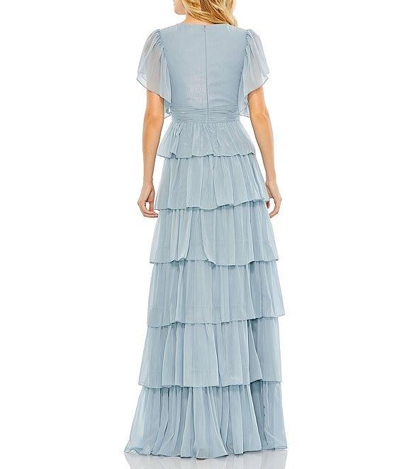 Mac Duggal V Neckline Short Flutter Sleeve Tiered Gown Product Image