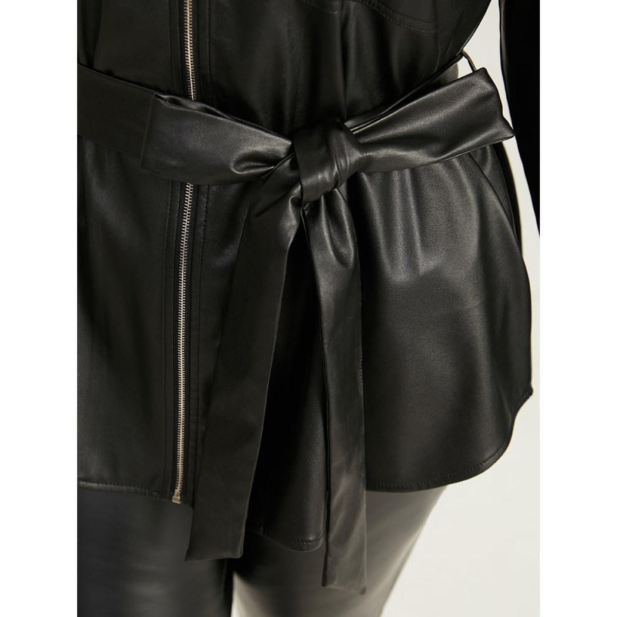 Plus Size Plain PU Leather Knot Pocket Zipper Belted Jacket Women Black Plain Pocket Belt Dailywear Jackets BloomChic 22-24/3X Product Image
