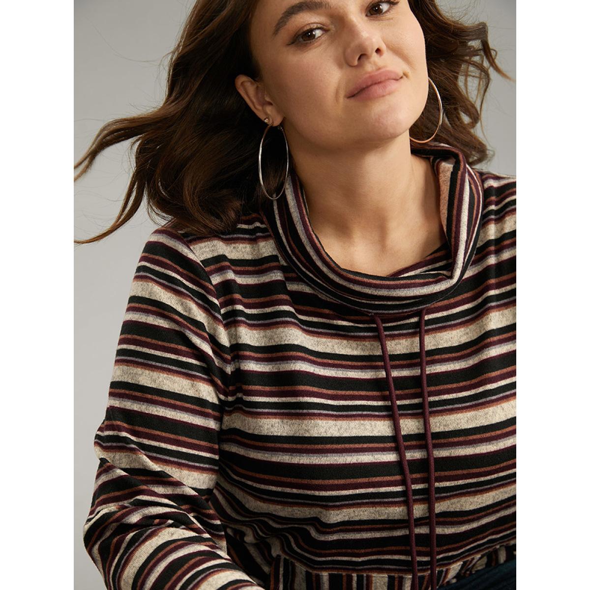 Plus Size Striped Mock Neck Drawstring Pocket T-shirt Burgundy Women Casual Contrast Striped Mock Neck Dailywear T-shirts BloomChic 22-24/3X Product Image