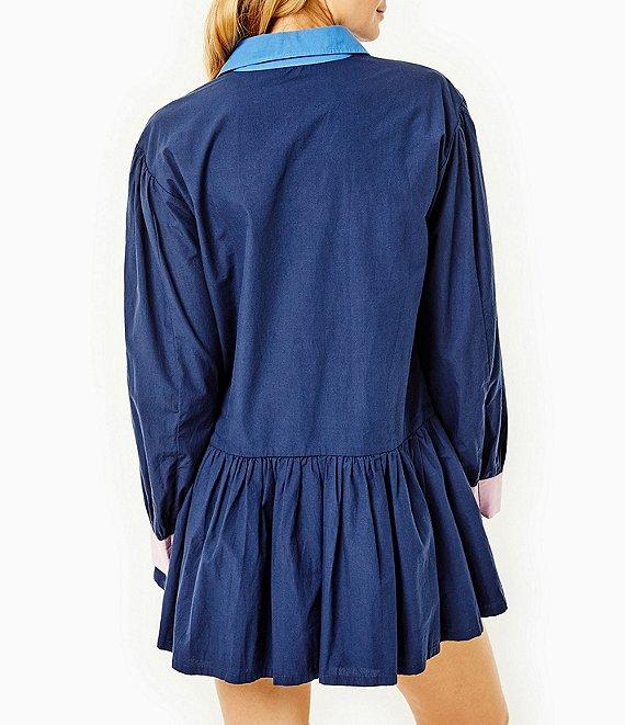 Addison Bay Lane Color Block Point Collar Long Blouson Sleeve Peplum Dropped Waist Flounce Mini Shirt Dress Product Image