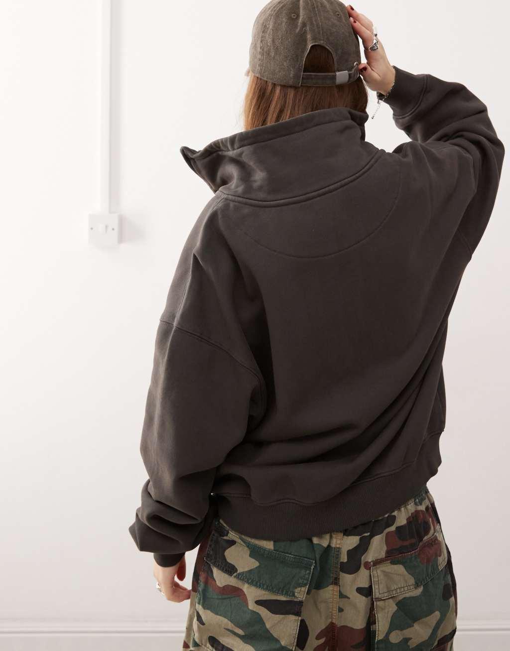 Weekday Jodi zip up funnel neck sweatshirt in dark gray Product Image