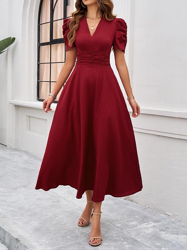 A-Line High Waisted Pleated Solid Color Zipper V-Neck Maxi Dresses Product Image