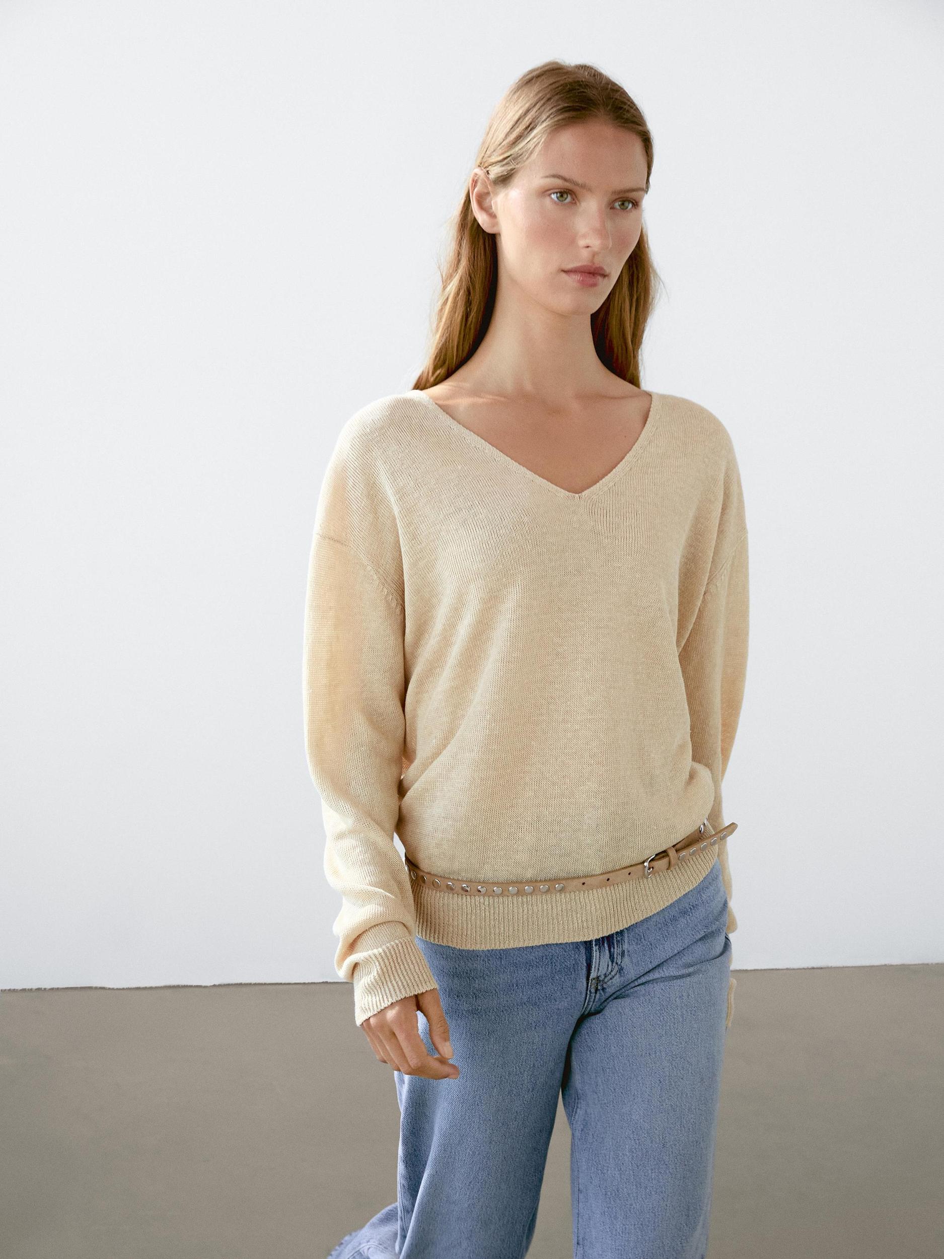 100% linen long sleeve knit sweater Product Image