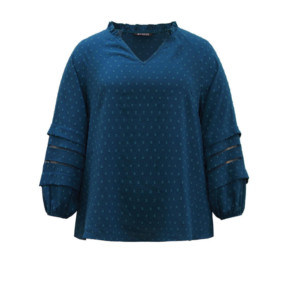 Plus Size Aegean Plain Textured Cut Out Frill Trim Lantern Sleeve Blouse Women Office Long Sleeve V-neck Office Blouses BloomChic 10/M Product Image