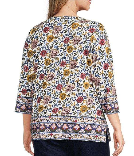 Allison Daley Plus Vintage Bloom Border Print 3/4 Ruched Sleeve Tie Neck Knit Top Product Image