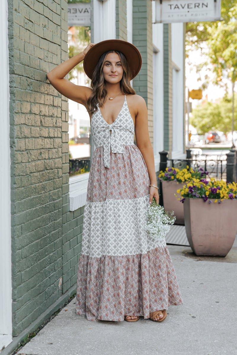 Cream Color Block Halter Maxi Dress - FINAL SALE Product Image