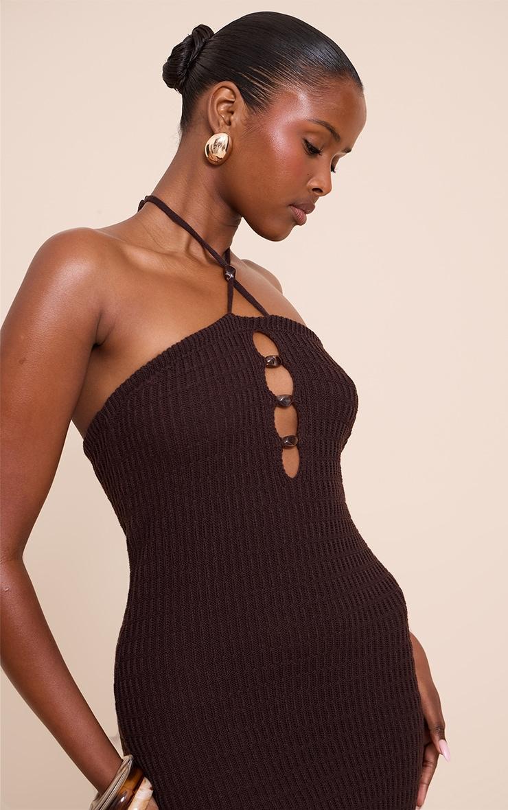 Chocolate Knitted Halterneck Bead Detail Fringe Mini Dress Product Image
