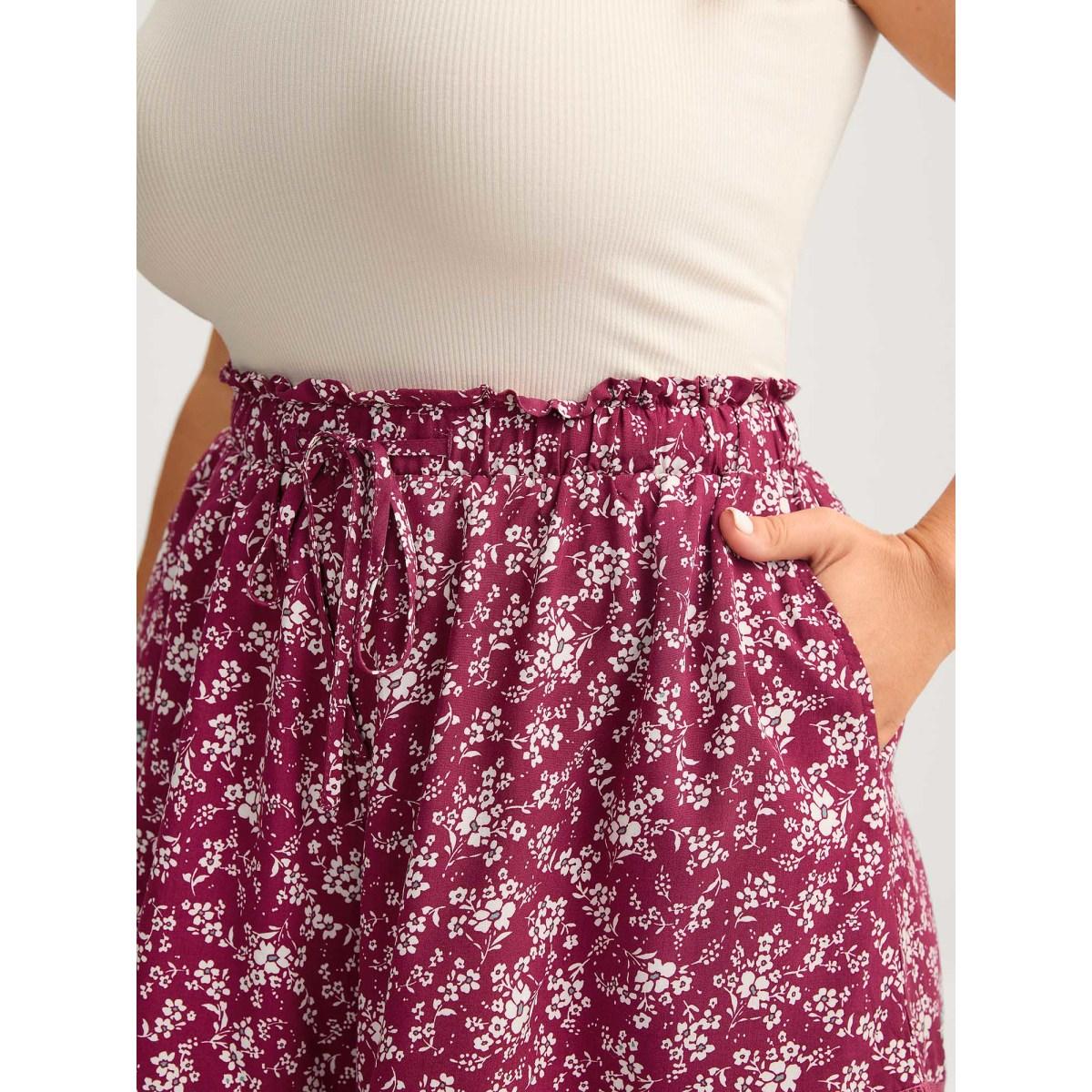 Plus Size Floral Waist-Tie Wide-Leg Shorts Women Burgundy Boho Patchwork Wide Leg Vacation Shorts BloomChic 28/5X Product Image