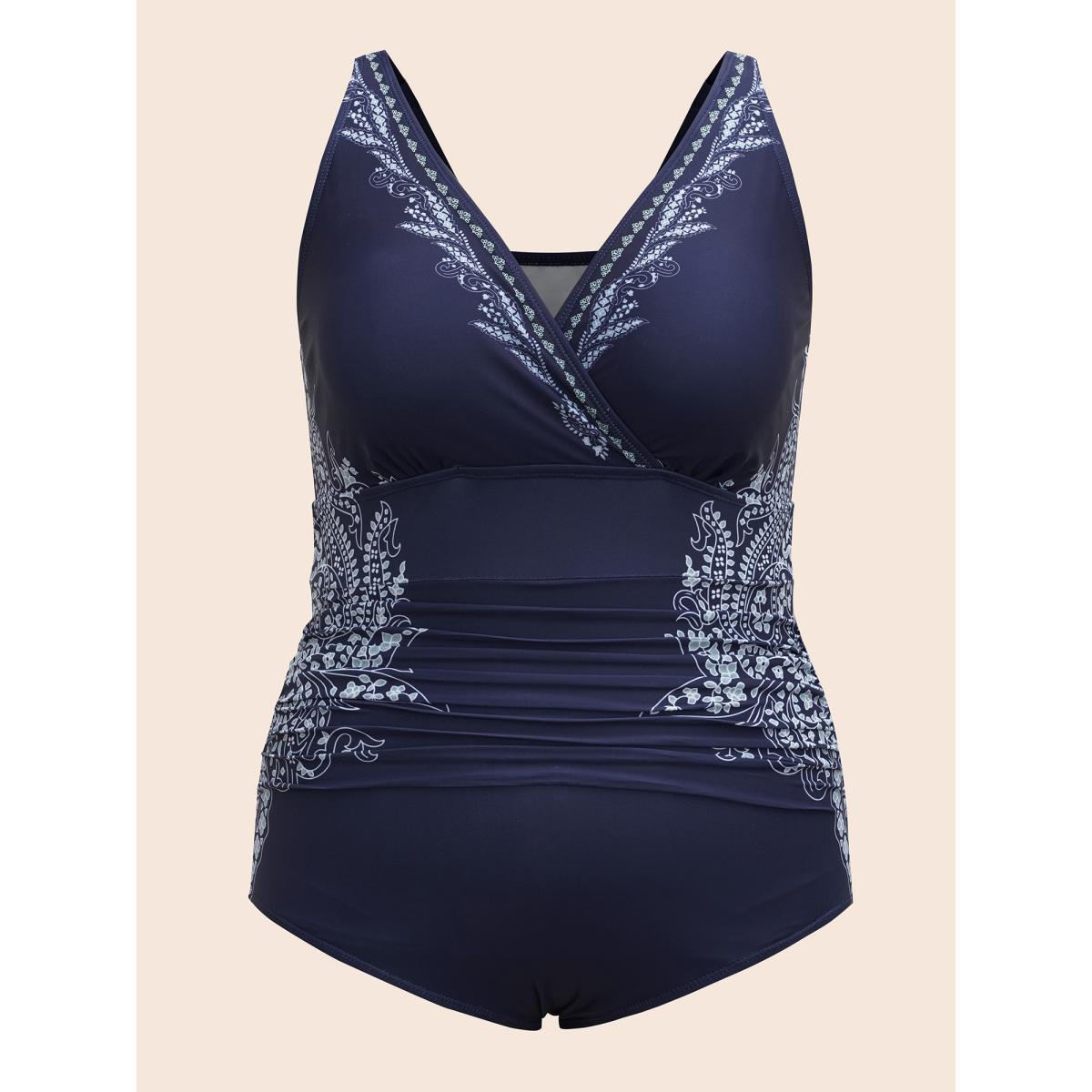 Plus Size Surplice Neck Boho Ruched One-Piece Swimsuit Women's Swimwear Indigo Resort Gathered Curve Bathing Suits High stretch One Pieces BloomChic 12/L Product Image