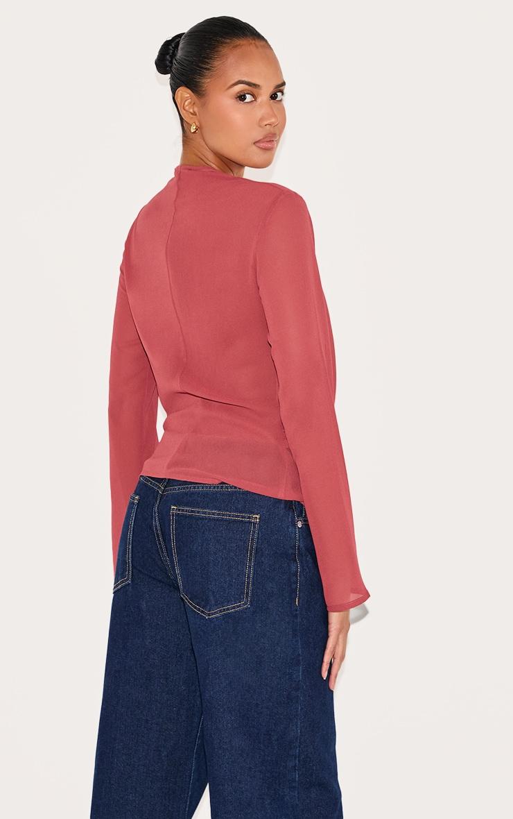 Blush Rose Chiffon Long Sleeve Sheer Cowl Blouse Product Image