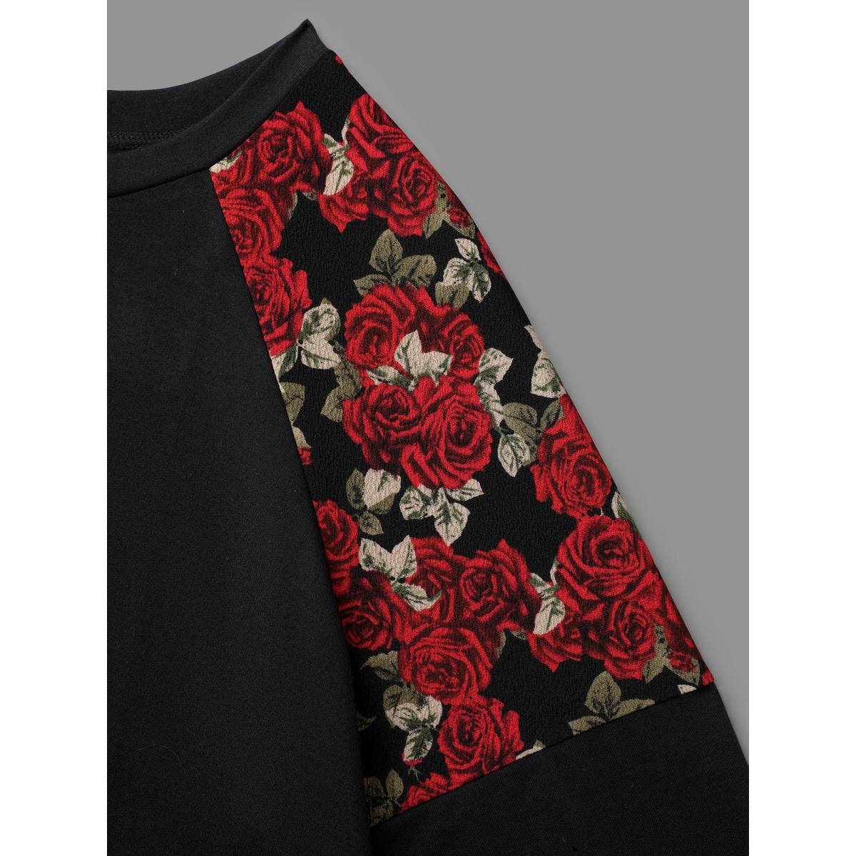 Plus Size Floral Raglan Sleeve Stretchy Fitted Sweatshirt Women Black Casual Contrast Round Neck Everyday Sweatshirts BloomChic 14-16/1X Product Image
