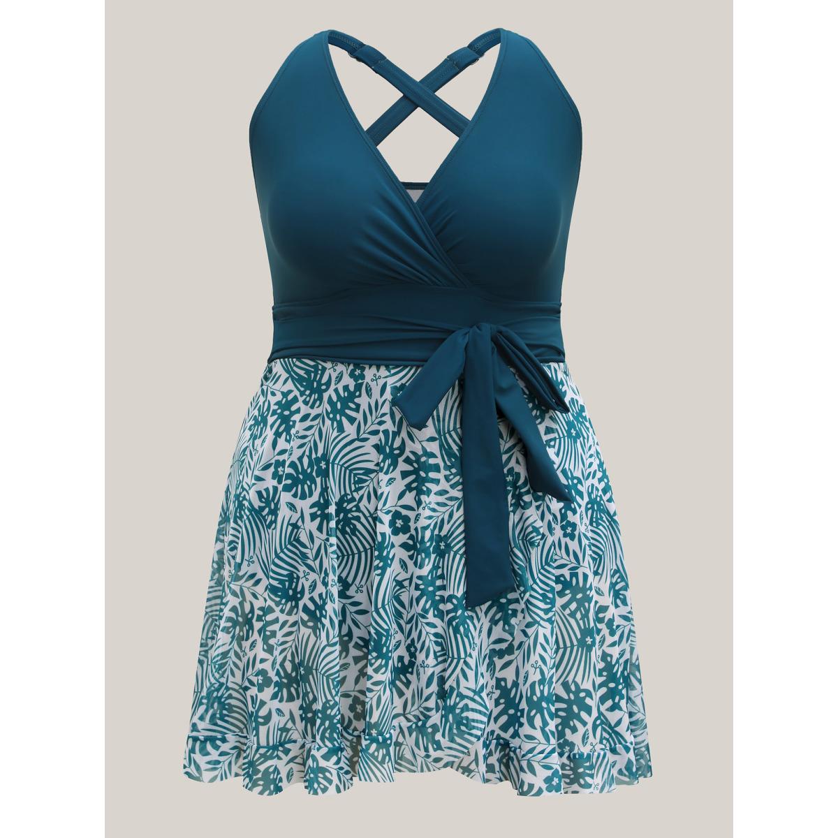 Plus Size Tropical Split Mesh Belted Swim Dress Women's Swimwear Cyan Resort Bodycon Overlap Collar High stretch Curve Swim Dresses BloomChic 14-16/1X Product Image